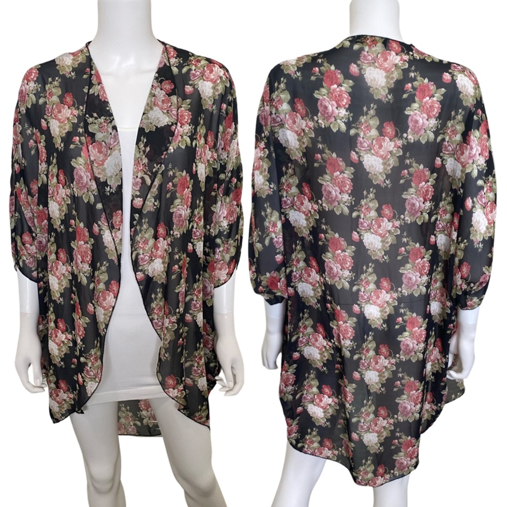 Black Floral Print Chiffon Coverup Kimono Top
